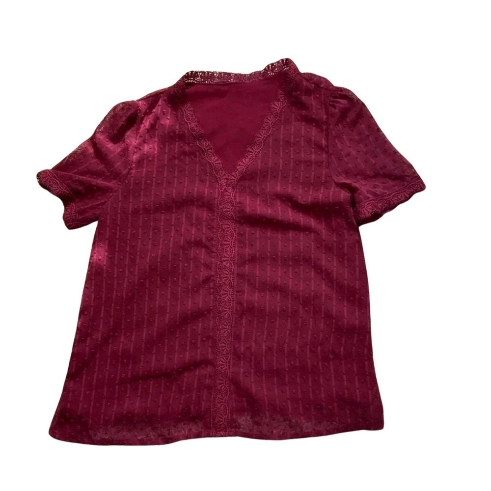 Amazon Women Sexy‎ Lace Trim Burgundy Vneck Blouse Size Large